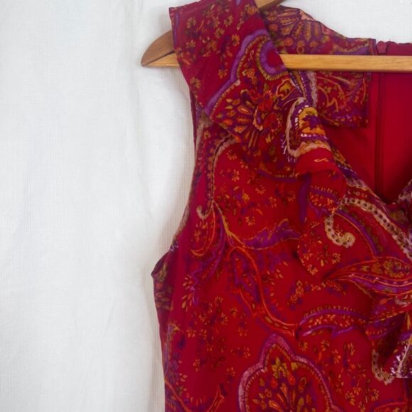 London Times Sleeveless Maxi Dress Bold Red Paisley Print Ruffled Boho Size 10 - Picture 3 of 15